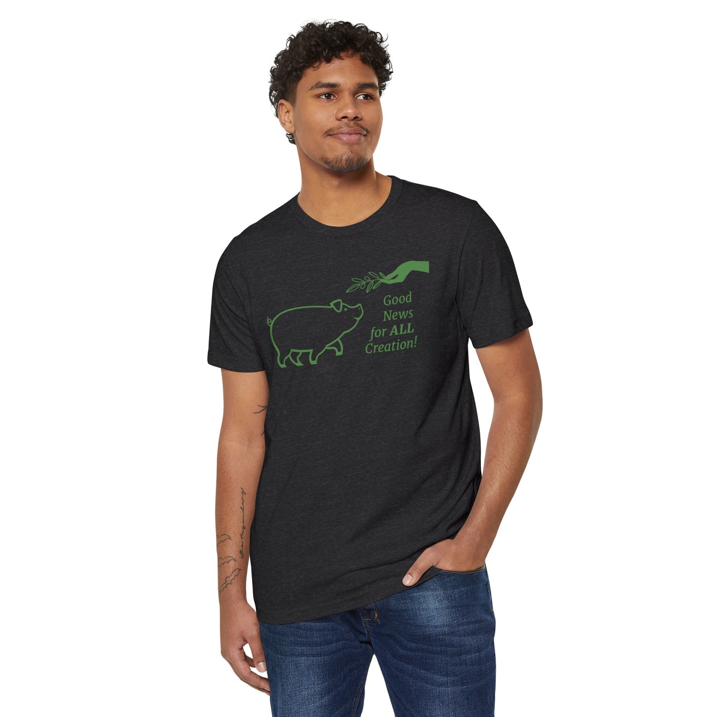 Creation Care Church - Green Good News for All Creation - Web page on back - Unisex Recycled Organic T-Shirt