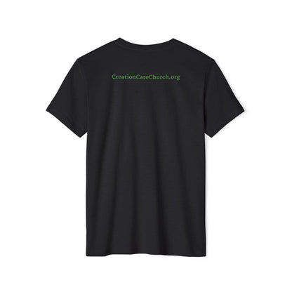 Creation Care Church - Green Good News for All Creation - Web page on back - Unisex Recycled Organic T-Shirt