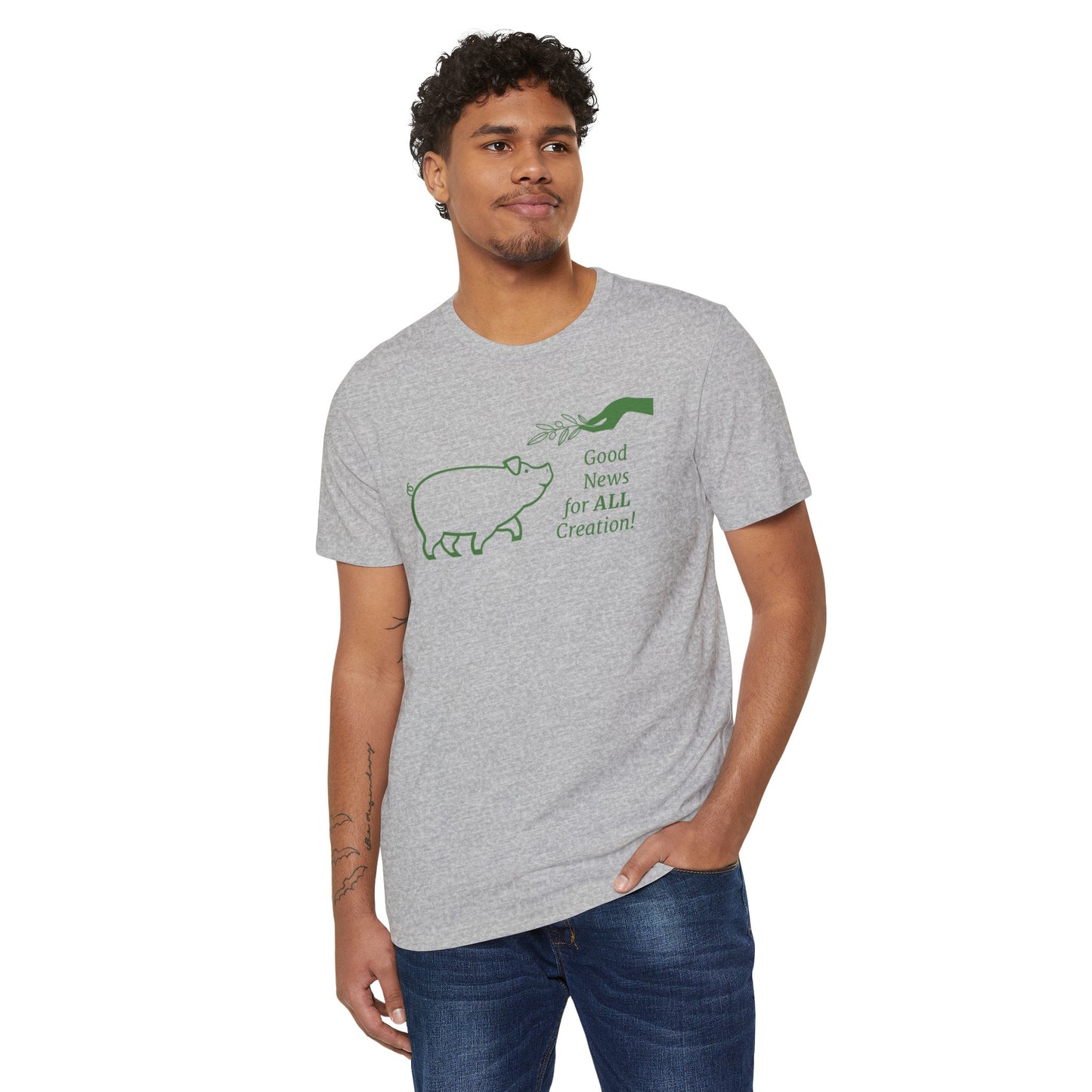 Creation Care Church - Green Good News for All Creation - Web page on back - Unisex Recycled Organic T-Shirt