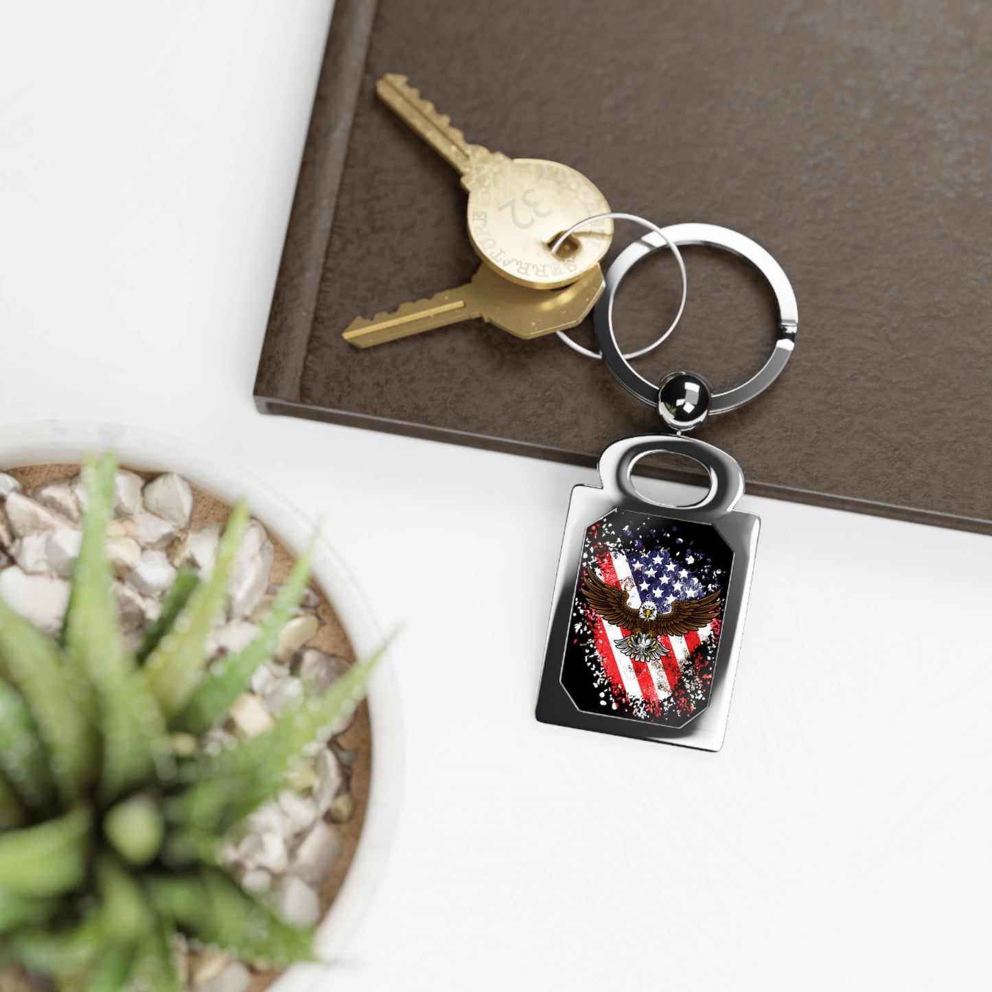 Bald Eagle in Flight with American Flag - Rectangle Photo Keyring