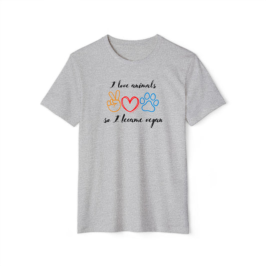 I love animals so I became vegan - Unisex Recycled Organic T-Shirt