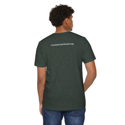 Creation Care Church - White Good News for All Creation - Web page on back - Unisex Recycled Organic T-Shirt