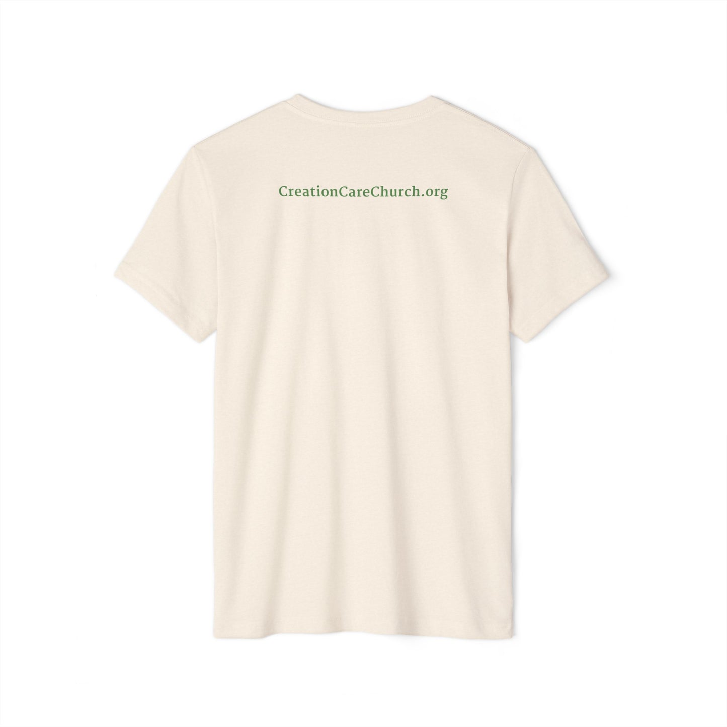 Creation Care Church - Green Good News for All Creation - Web page on back - Unisex Recycled Organic T-Shirt