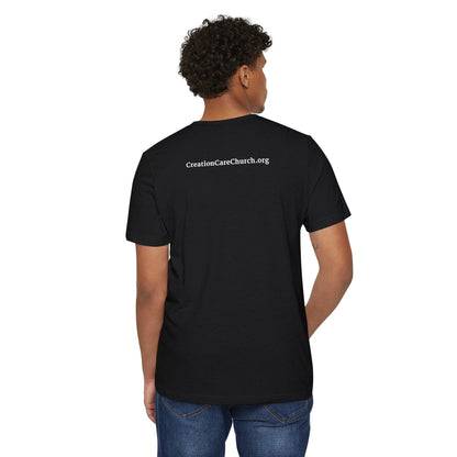 Creation Care Church - White Good News for All Creation - Web page on back - Unisex Recycled Organic T-Shirt