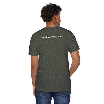 Creation Care Church - White Good News for All Creation - Web page on back - Unisex Recycled Organic T-Shirt