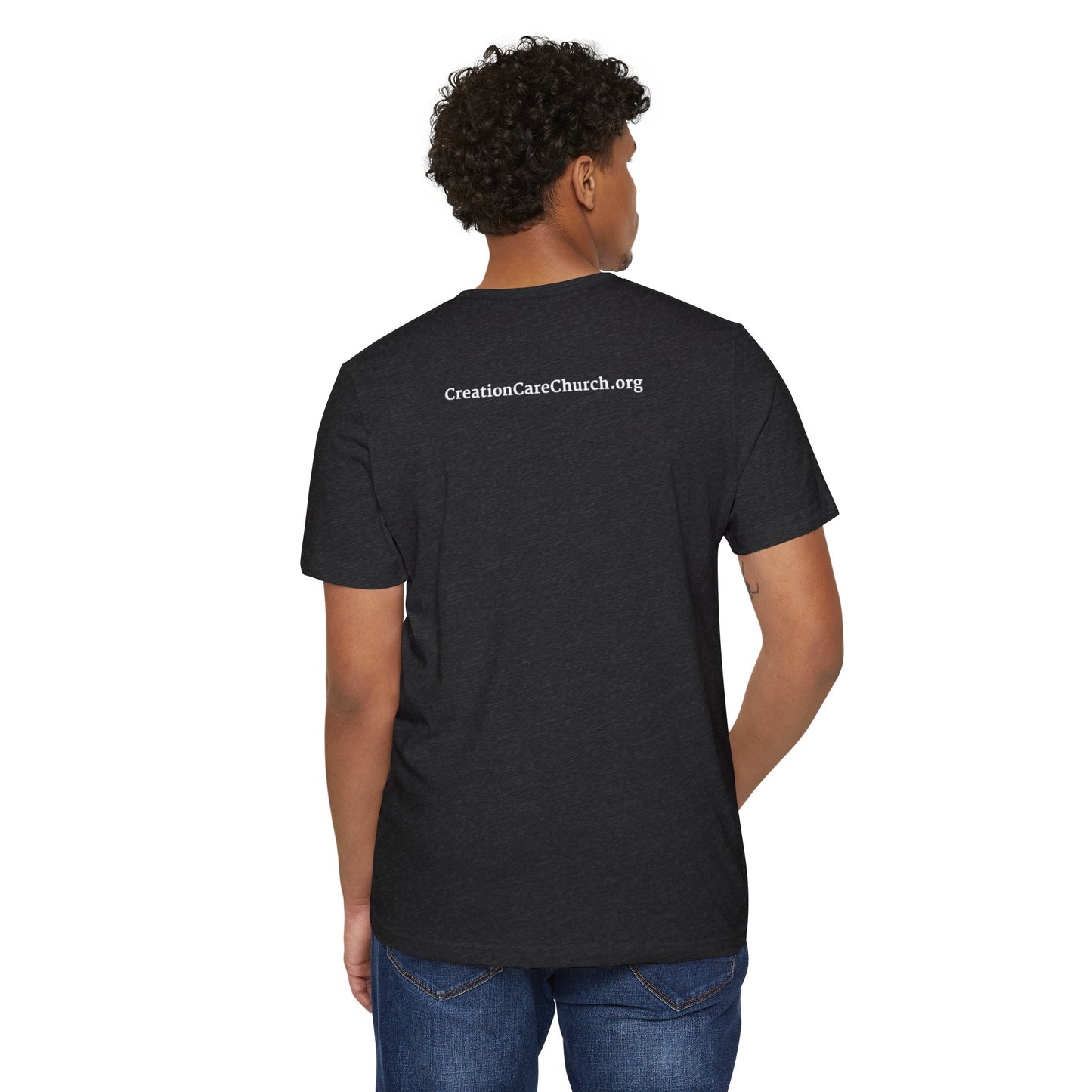 Creation Care Church - White Good News for All Creation - Web page on back - Unisex Recycled Organic T-Shirt