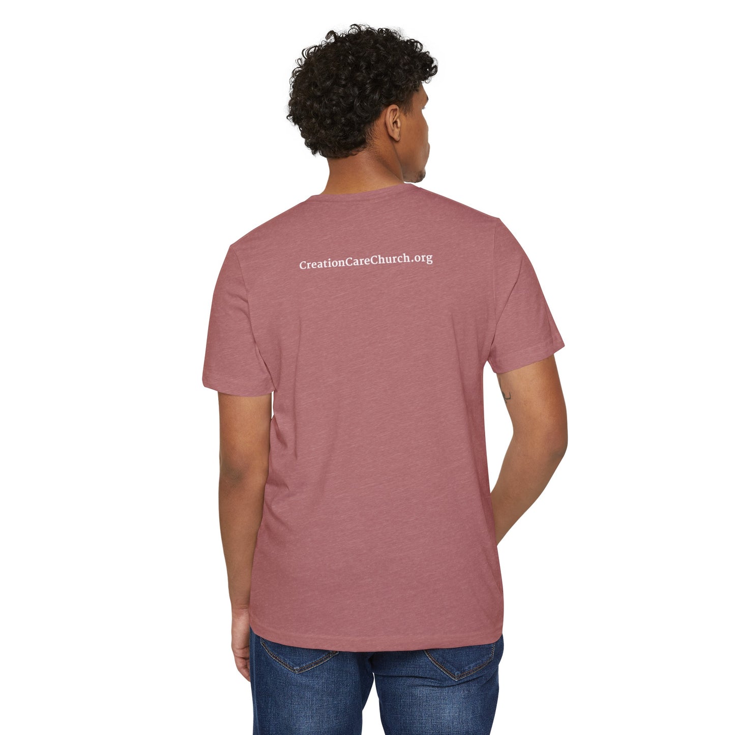 Creation Care Church - White Good News for All Creation - Web page on back - Unisex Recycled Organic T-Shirt